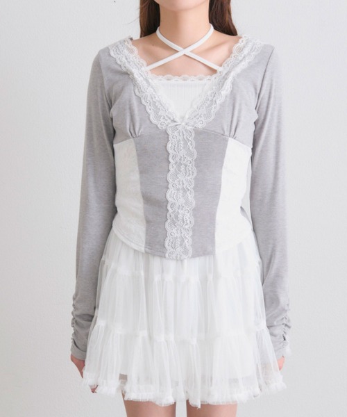 OLIVE des OLIVE(オリーブデオリーブ)の「レーストリムトップス(Tシャツ/カットソー・レディース・ピンク/トップグレー/オフホワイト・FREE)」の9枚目の写真