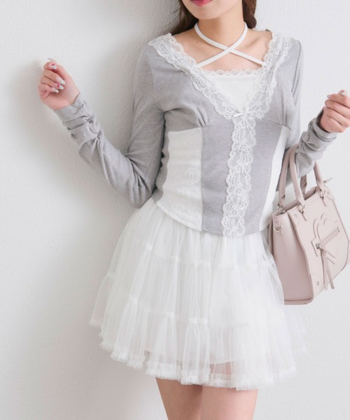 OLIVE des OLIVE(オリーブデオリーブ)の「レーストリムトップス(Tシャツ/カットソー・レディース・ピンク/トップグレー/オフホワイト・FREE)」の5枚目の写真