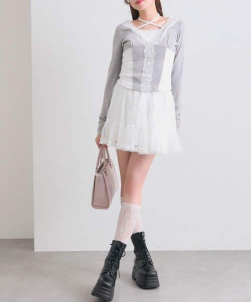 OLIVE des OLIVE(オリーブデオリーブ)の「レーストリムトップス(Tシャツ/カットソー・レディース・ピンク/トップグレー/オフホワイト・FREE)」の6枚目の写真