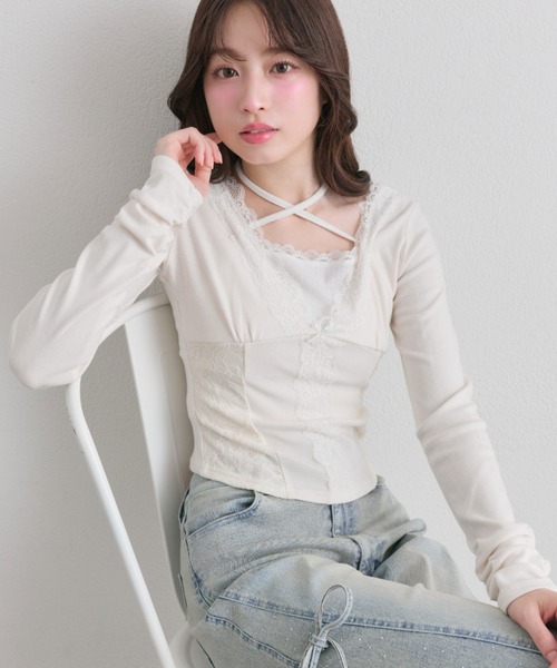 OLIVE des OLIVE(オリーブデオリーブ)の「レーストリムトップス(Tシャツ/カットソー・レディース・ピンク/トップグレー/オフホワイト・FREE)」の21枚目の写真