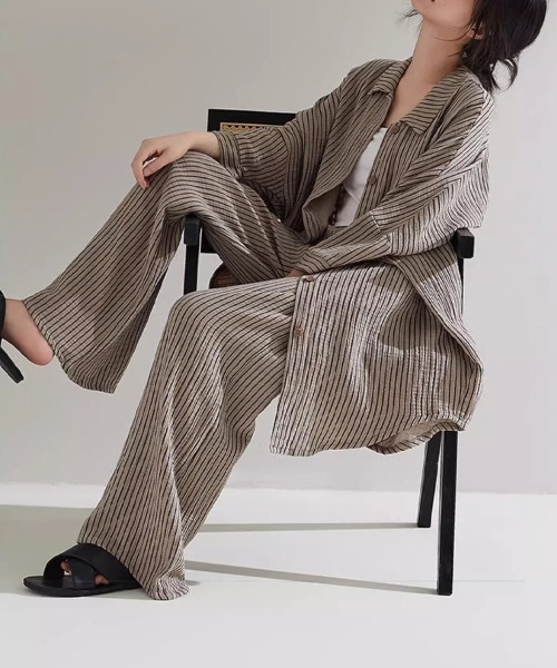 SallyLunn(サリーラン)の「セットアップストライプロングシャツガウン(セットアップ・レディース・ベージュ・LARGE/MEDIUM)」の9枚目の写真