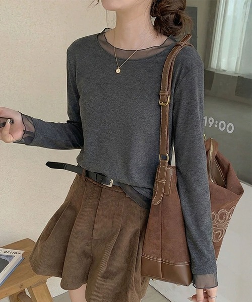 MAISON DE THERESE(メゾン ド テレーズ)の「インナー T シャツ メッシュ クルーネック 長袖 ヴィンテージ 肌触り(Tシャツ/カットソー・レディース・ブラック/Off White/ダークグレー・M/L)」の3枚目の写真