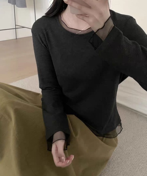 MAISON DE THERESE(メゾン ド テレーズ)の「インナー T シャツ メッシュ クルーネック 長袖 ヴィンテージ 肌触り(Tシャツ/カットソー・レディース・ブラック/Off White/ダークグレー・M/L)」の1枚目の写真