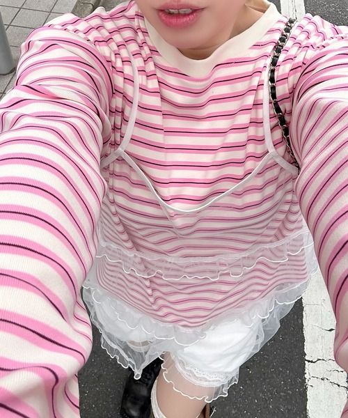 Alley Tokyo（アリートーキョー）の「ボーダーBigロンT（Tシャツ/カットソー・レディース・グリーン/ピンク・FREE）」の2枚目の写真