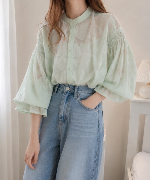SallyLunn(サリーラン)の「シアーフラワージャガードブラウス(シャツ/ブラウス・レディース・ネイビー/ホワイト/グリーン/アイボリー/ブラック・MEDIUM/LARGE)」の9枚目の写真
