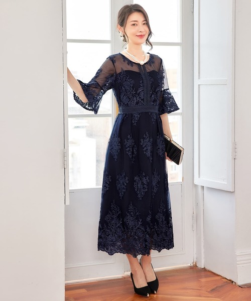 DRESS PLUS(ドレスプラス)の「ワンピース ドレス 総レース ミモレ丈 結婚式(ドレス・レディース・ネイビー/スモークピンク/ダークグレー・S/XL/L)」の2枚目の写真