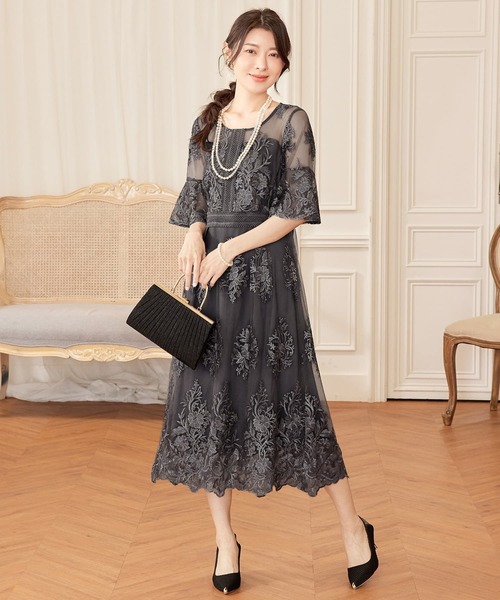 DRESS PLUS(ドレスプラス)の「ワンピース ドレス 総レース ミモレ丈 結婚式(ドレス・レディース・ネイビー/スモークピンク/ダークグレー・S/XL/L)」の1枚目の写真
