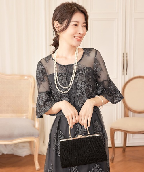 DRESS PLUS(ドレスプラス)の「ワンピース ドレス 総レース ミモレ丈 結婚式(ドレス・レディース・ネイビー/スモークピンク/ダークグレー・S/XL/L)」の4枚目の写真