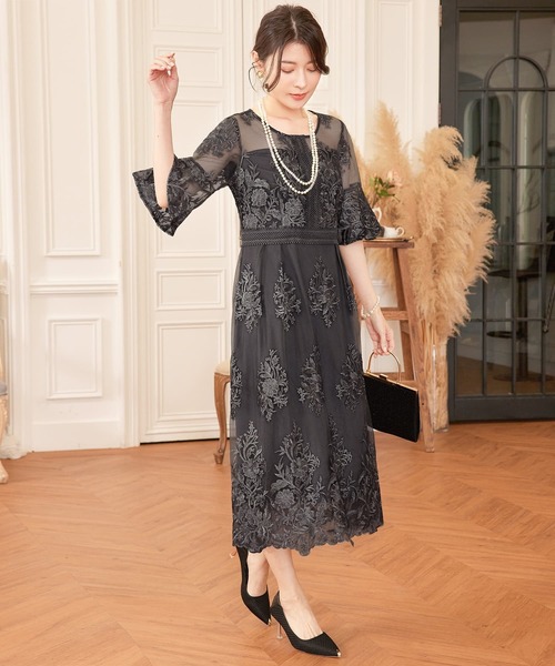 DRESS PLUS(ドレスプラス)の「ワンピース ドレス 総レース ミモレ丈 結婚式(ドレス・レディース・ネイビー/スモークピンク/ダークグレー・S/XL/L)」の5枚目の写真