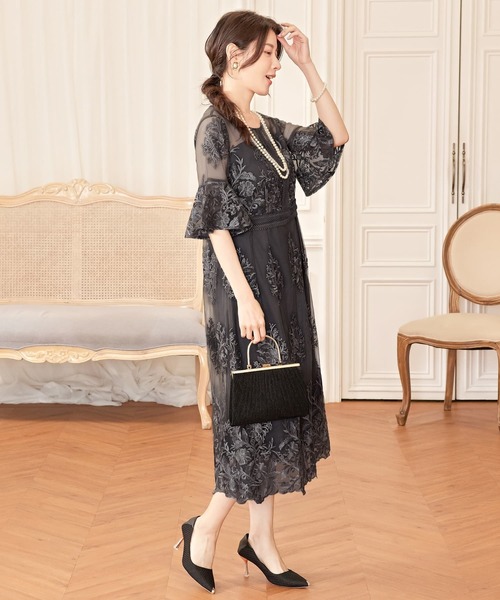 DRESS PLUS(ドレスプラス)の「ワンピース ドレス 総レース ミモレ丈 結婚式(ドレス・レディース・ネイビー/スモークピンク/ダークグレー・S/XL/L)」の6枚目の写真