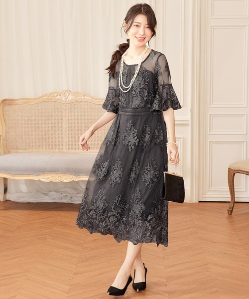 DRESS PLUS(ドレスプラス)の「ワンピース ドレス 総レース ミモレ丈 結婚式(ドレス・レディース・ネイビー/スモークピンク/ダークグレー・S/XL/L)」の8枚目の写真