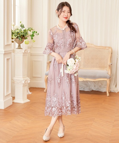 DRESS PLUS(ドレスプラス)の「ワンピース ドレス 総レース ミモレ丈 結婚式(ドレス・レディース・ネイビー/スモークピンク/ダークグレー・S/XL/L)」の12枚目の写真