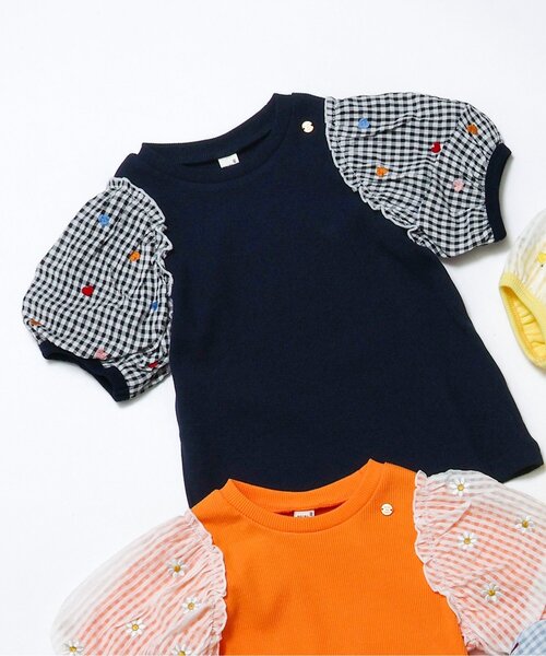 apres les cours（アプレレクール）の「袖刺繍シアースリーブTシャツ（Tシャツ/カットソー・キッズ・ネイビー/アイボリー/イエロー/オレンジ・100/140/130/120/110/90/80）」の3枚目の写真