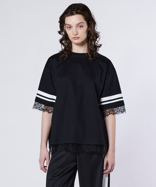 ESSENTIAL（エッセンシャル）の「シングルジャージ袖ラインレースTシャツ（Tシャツ/カットソー・レディース・ブラック/オフホワイト・FREE）」の3枚目の写真