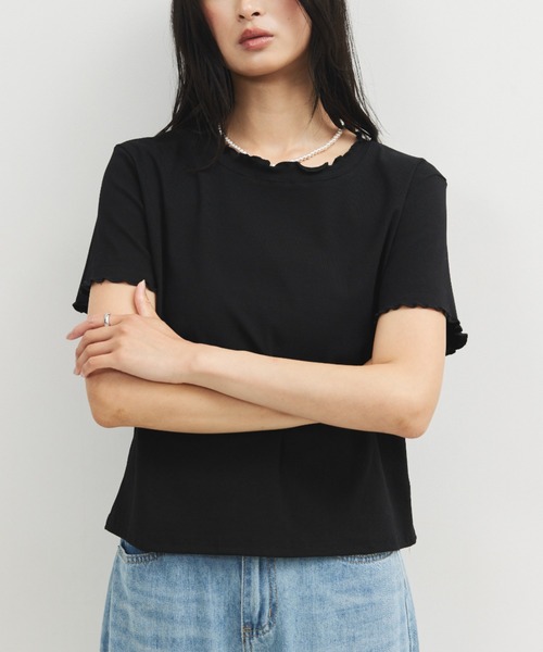ELTONE(エルトーン)の「メロウネックハーフスリーブトップス(Tシャツ/カットソー・レディース・ブルー/ブラック/ホワイト・FREE)」の2枚目の写真