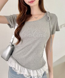 デコルテストラップ ラインストーン ロゴ レースヘム タイト Tシャツ
