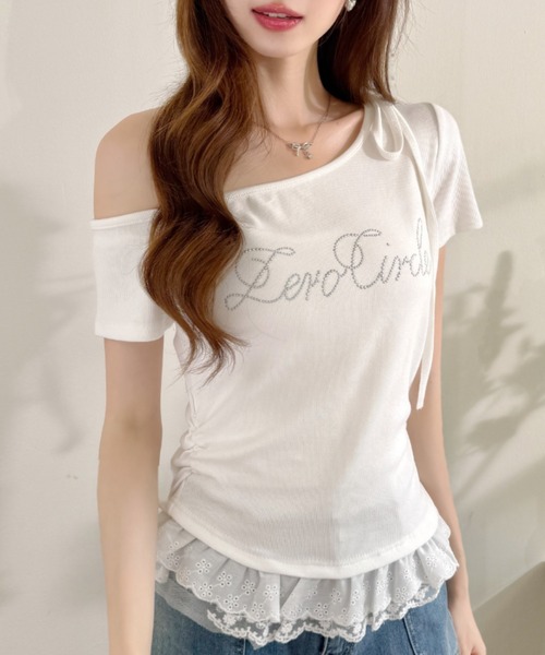 Ada.(エイダ)の「デコルテストラップ ラインストーン ロゴ レースヘム タイト Tシャツ(Tシャツ/カットソー・レディース・ブルー/グレー/ブラック/アイボリー・FREE)」の7枚目の写真