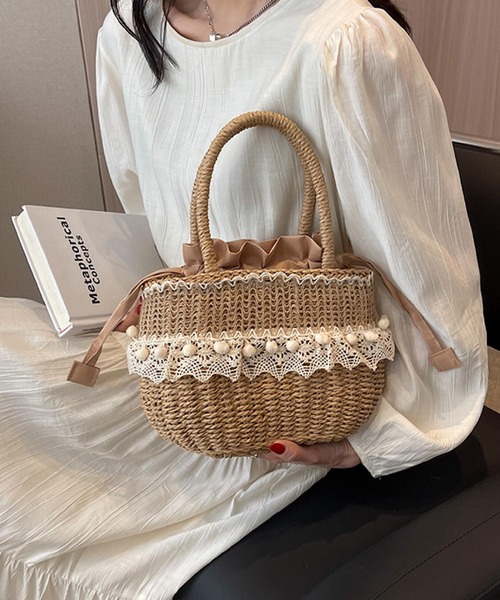 Mignonjour/ナチュラルレースポンポンかごバッグ M2929（かごバッグ