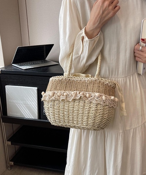 Mignonjour/ナチュラルレースポンポンかごバッグ M2929（かごバッグ