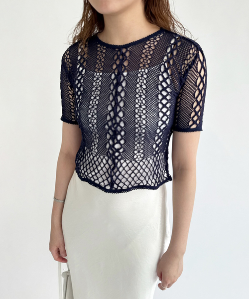 EDIT. FOR LULU(エディットフォールル)の「【EUCHRONIA/ユークロニア】Stretch lace short sleeve tee(ニット/セーター・レディース・ネイビー・FREE)」の1枚目の写真