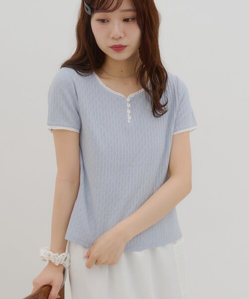 DISCOAT（ディスコート）の「【umm.】ピコレースヘンリープルオーバー（Tシャツ/カットソー・レディース・グレー/サックスブルー/ベビーピンク/レモンイエロー・FREE）」の3枚目の写真