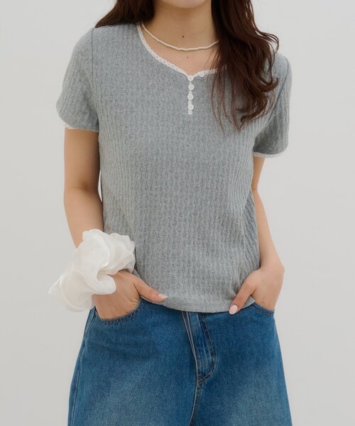 DISCOAT（ディスコート）の「【umm.】ピコレースヘンリープルオーバー（Tシャツ/カットソー・レディース・グレー/サックスブルー/ベビーピンク/レモンイエロー・FREE）」の5枚目の写真