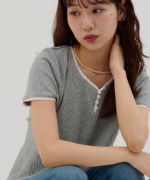 DISCOAT（ディスコート）の「【umm.】ピコレースヘンリープルオーバー（Tシャツ/カットソー・レディース・グレー/サックスブルー/ベビーピンク/レモンイエロー・FREE）」の6枚目の写真