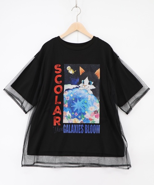 チュールカラーロングTシャツ セール】162620：ネコ宇宙柄 チュール重ねTシャツ（Tシャツ/カットソー