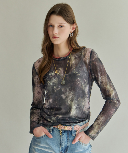 MAXZA(マージャコレクション)の「ヴィンテージフラワーシャーリングメッシュTシャツ(Tシャツ/カットソー・レディース・グレー・FREE)」の1枚目の写真
