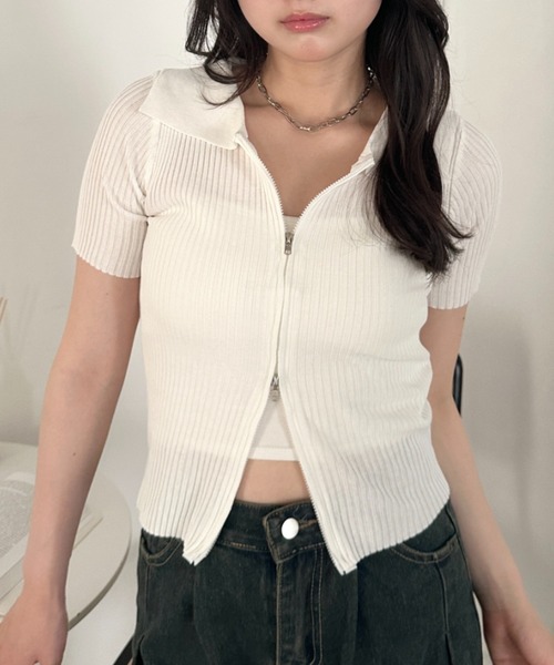 CLEA(クレア)の「半袖ダブルジップアップトップス(Tシャツ/カットソー・レディース・ブルー/ホワイト/ブラック・FREE)」の2枚目の写真