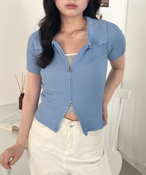 CLEA(クレア)の「半袖ダブルジップアップトップス(Tシャツ/カットソー・レディース・ブルー/ホワイト/ブラック・FREE)」の3枚目の写真