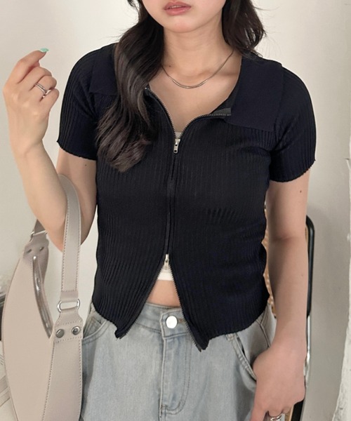 CLEA(クレア)の「半袖ダブルジップアップトップス(Tシャツ/カットソー・レディース・ブルー/ホワイト/ブラック・FREE)」の1枚目の写真