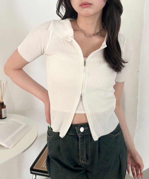 CLEA(クレア)の「半袖ダブルジップアップトップス(Tシャツ/カットソー・レディース・ブルー/ホワイト/ブラック・FREE)」の5枚目の写真