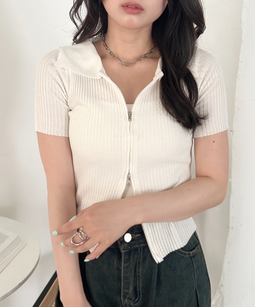CLEA(クレア)の「半袖ダブルジップアップトップス(Tシャツ/カットソー・レディース・ブルー/ホワイト/ブラック・FREE)」の6枚目の写真