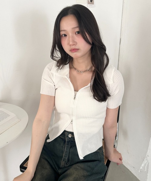 CLEA(クレア)の「半袖ダブルジップアップトップス(Tシャツ/カットソー・レディース・ブルー/ホワイト/ブラック・FREE)」の8枚目の写真