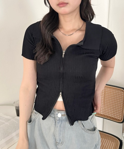 CLEA(クレア)の「半袖ダブルジップアップトップス(Tシャツ/カットソー・レディース・ブルー/ホワイト/ブラック・FREE)」の13枚目の写真