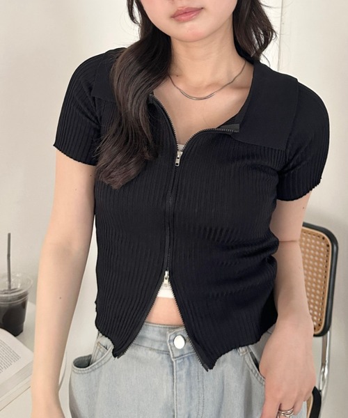 CLEA(クレア)の「半袖ダブルジップアップトップス(Tシャツ/カットソー・レディース・ブルー/ホワイト/ブラック・FREE)」の15枚目の写真