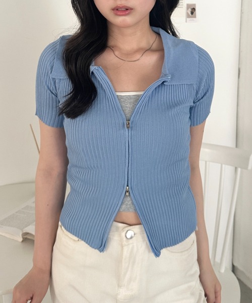 CLEA(クレア)の「半袖ダブルジップアップトップス(Tシャツ/カットソー・レディース・ブルー/ホワイト/ブラック・FREE)」の16枚目の写真