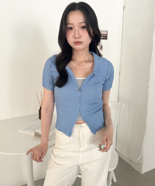CLEA(クレア)の「半袖ダブルジップアップトップス(Tシャツ/カットソー・レディース・ブルー/ホワイト/ブラック・FREE)」の19枚目の写真