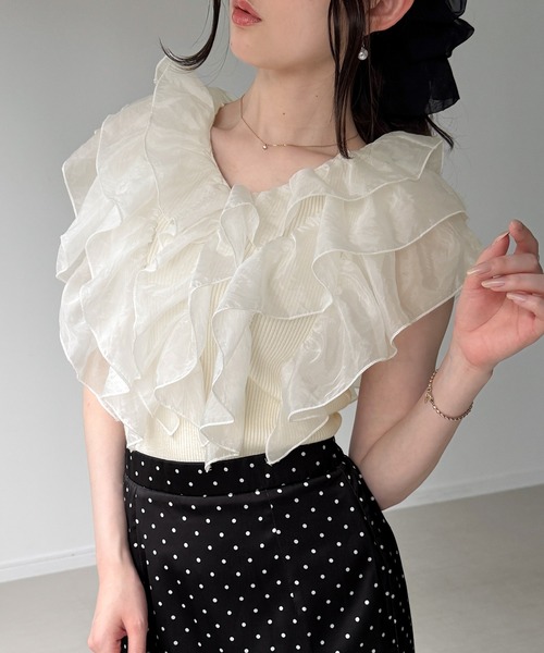 junoah(ジュノア)の「フリルノースリリブニット(ニット/セーター・レディース・ピンク/ライトブルー/アイボリー・MEDIUM/LARGE)」の4枚目の写真