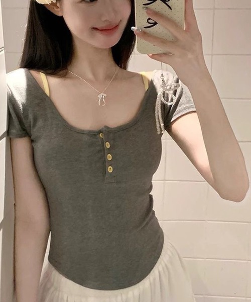 HALEY PESCA(ヘーリーペスカ)の「HALEY PESCA/バックオープン レイヤードトップス(Tシャツ/カットソー・レディース・アイボリー/ブラック/ブラック系その他/グレー/ライトグリーン・FREE)」の14枚目の写真
