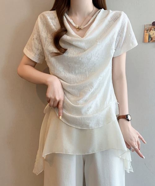 2ly2(トゥーリートゥー)の「オフショル風シアーデザインカットソー レディース ドレープトップス(Tシャツ/カットソー・レディース・グリーン/ホワイト・FREE)」の21枚目の写真