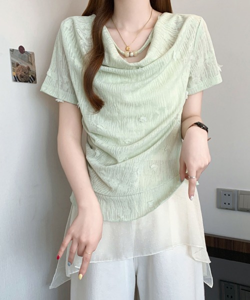 2ly2(トゥーリートゥー)の「オフショル風シアーデザインカットソー レディース ドレープトップス(Tシャツ/カットソー・レディース・グリーン/ホワイト・FREE)」の10枚目の写真