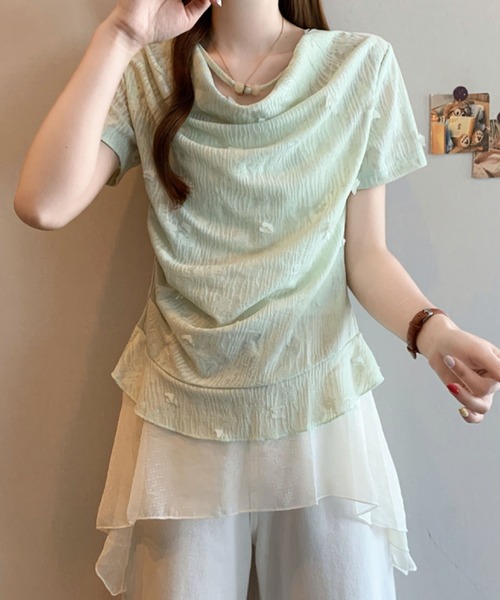 2ly2(トゥーリートゥー)の「オフショル風シアーデザインカットソー レディース ドレープトップス(Tシャツ/カットソー・レディース・グリーン/ホワイト・FREE)」の8枚目の写真