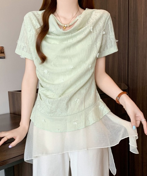 2ly2(トゥーリートゥー)の「オフショル風シアーデザインカットソー レディース ドレープトップス(Tシャツ/カットソー・レディース・グリーン/ホワイト・FREE)」の7枚目の写真