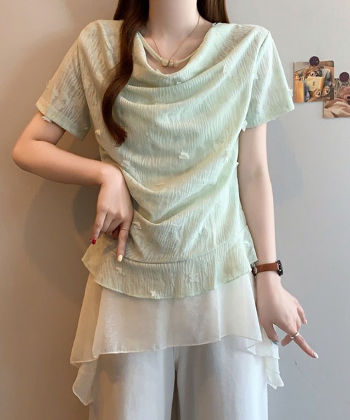 2ly2(トゥーリートゥー)の「オフショル風シアーデザインカットソー レディース ドレープトップス(Tシャツ/カットソー・レディース・グリーン/ホワイト・FREE)」の5枚目の写真