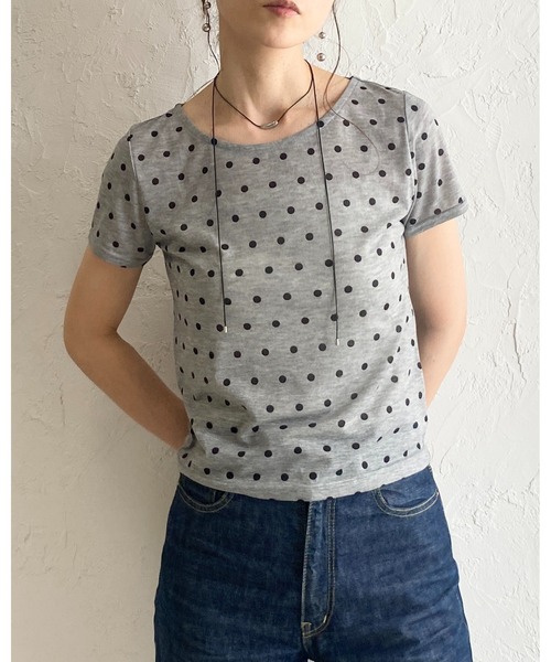 She's Closet(シーズクローゼット)の「ドット柄 半袖 コンパクト ショート丈 シアーTシャツ トップス(Tシャツ/カットソー・レディース・ブラック/グレー/ブラウン/オフホワイト・FREE)」の9枚目の写真
