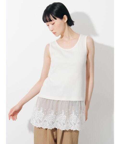 Samansa Mos2（サマンサ モスモス）の「【接触冷感】裾チュールレースノースリーブ（Tシャツ/カットソー・レディース・ブラック/オフホワイト/キナリ・F）」の6枚目の写真