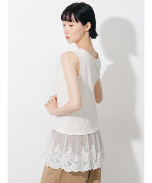 Samansa Mos2（サマンサ モスモス）の「【接触冷感】裾チュールレースノースリーブ（Tシャツ/カットソー・レディース・ブラック/オフホワイト/キナリ・F）」の7枚目の写真