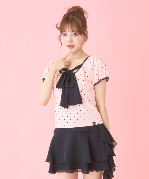 Mi-je(ミジェ)の「フロントリボンドット半袖Tシャツ(Tシャツ/カットソー・レディース・オフホワイト/ピンク・F)」の3枚目の写真
